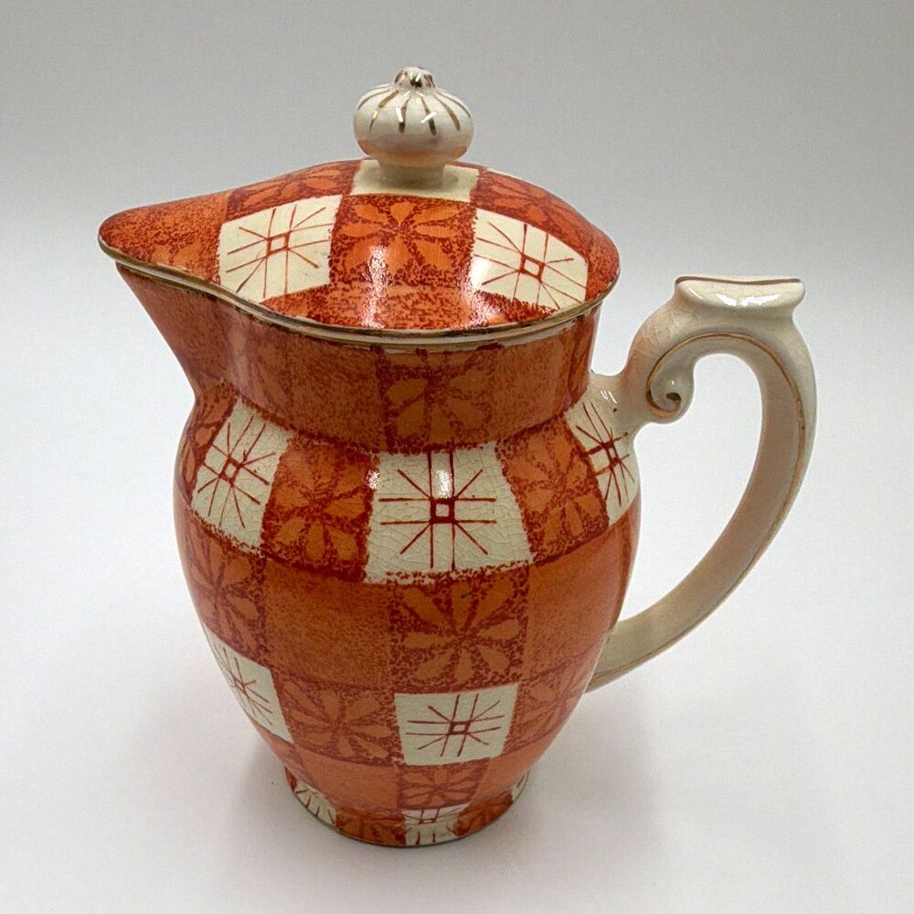 Vintage Orange Checkered Art Deco Porcelain Creamer Pitcher With Lid Gold Trim